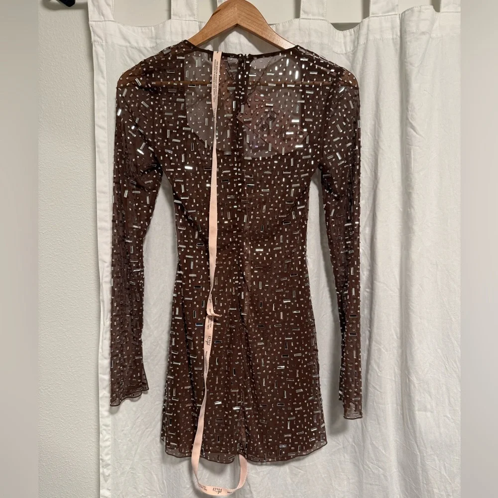 Oh Polly Brown Long-Sleeve Mini Dress with Silver Embellishment - Picture 5 of 9